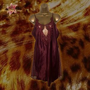 Flora by Flora Nikrooz Burgundy Satin & Mesh Embroidered Slip Dress